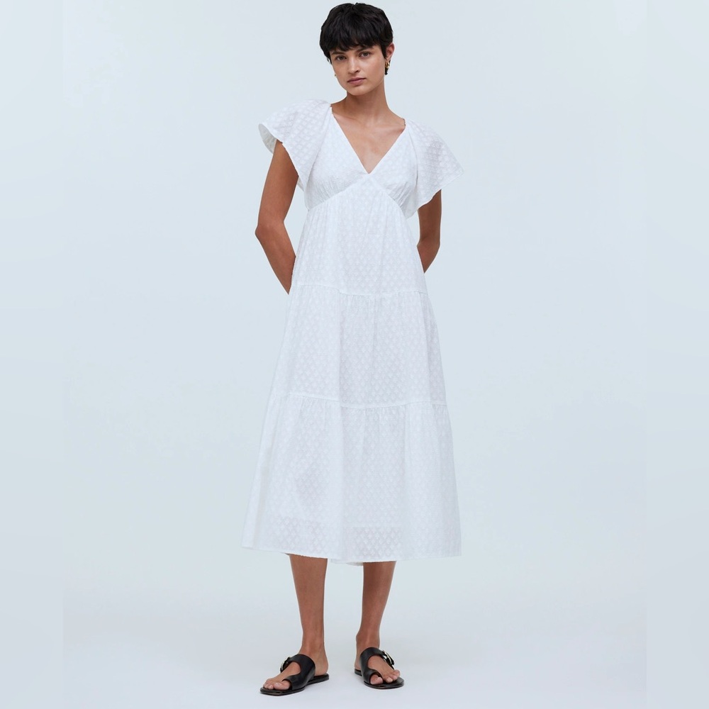 Madewell Tie-Back Flutter-Sleeve Tiered Midi Dress In White Size 6 NWT